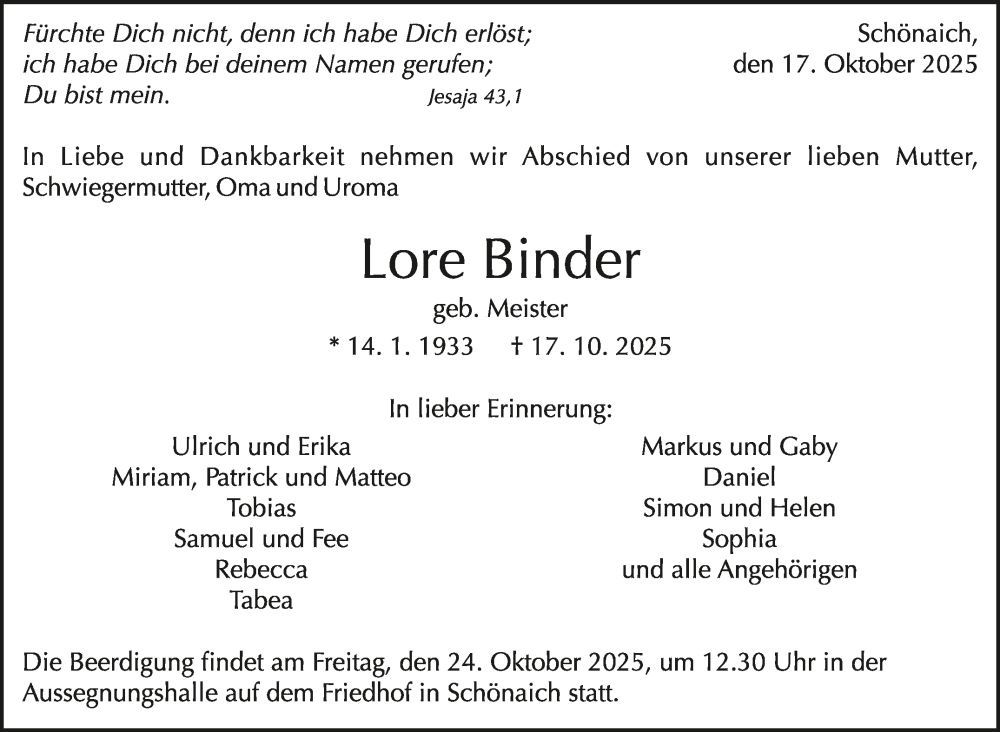  Traueranzeige für Lore Binder vom 22.10.2025 aus Kreiszeitung Böblinger Bote