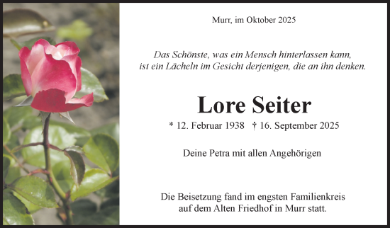 Traueranzeige von Lore Seiter von Marbacher Zeitung
