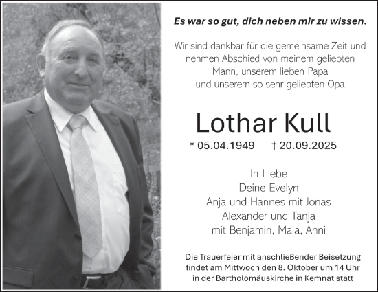 Traueranzeige von Lothar Kull von Stuttgarter Zeitung / Stuttgarter Nachrichten