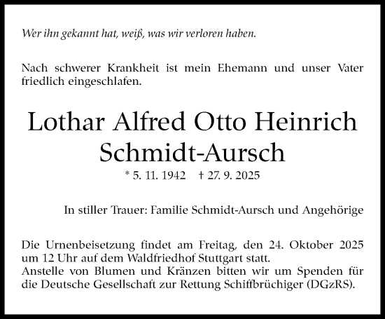Traueranzeige von Lothar Alfred Otto Heinrich Schmidt-Aursch von Stuttgarter Zeitung / Stuttgarter Nachrichten