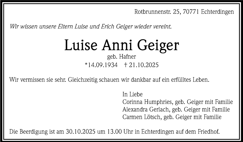  Traueranzeige für Luise Anni Geiger vom 25.10.2025 aus Stuttgarter Zeitung / Stuttgarter Nachrichten