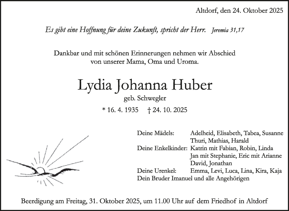  Traueranzeige für Lydia Johanna Huber vom 29.10.2025 aus Kreiszeitung Böblinger Bote