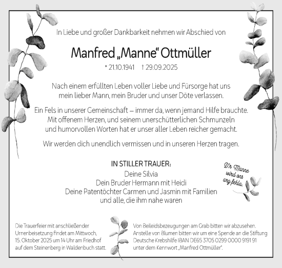 Traueranzeige von Manfred Ottmüller von Kreiszeitung Böblinger Bote