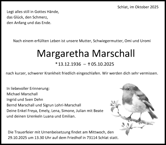 Traueranzeige von Margaretha Marschall von Eßlinger Zeitung
