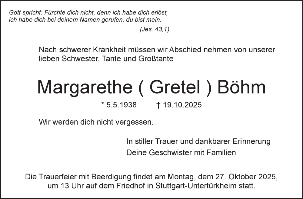  Traueranzeige für Margarethe Böhm vom 23.10.2025 aus Stuttgarter Zeitung / Stuttgarter Nachrichten