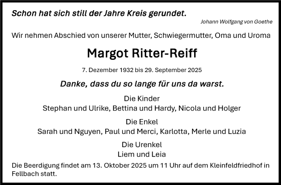 Traueranzeige von Margot Ritter-Reiff von Stuttgarter Zeitung / Stuttgarter Nachrichten