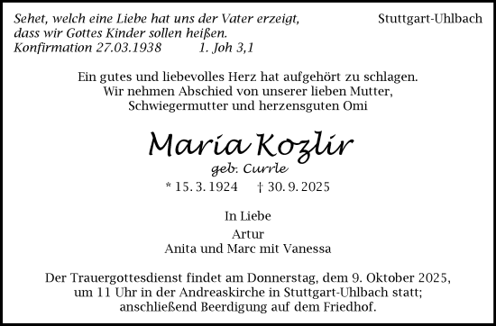 Traueranzeige von Maria Kozlir von Stuttgarter Zeitung / Stuttgarter Nachrichten