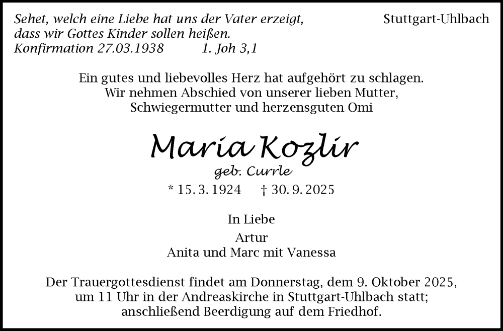 Traueranzeige für Maria Kozlir vom 07.10.2025 aus Stuttgarter Zeitung / Stuttgarter Nachrichten
