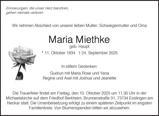 Traueranzeige von Maria Miethke von Eßlinger Zeitung