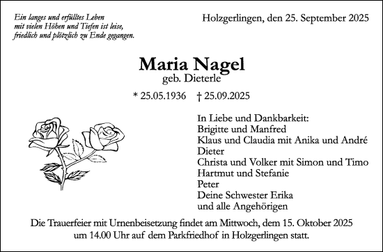 Traueranzeige von Maria Nagel von Kreiszeitung Böblinger Bote