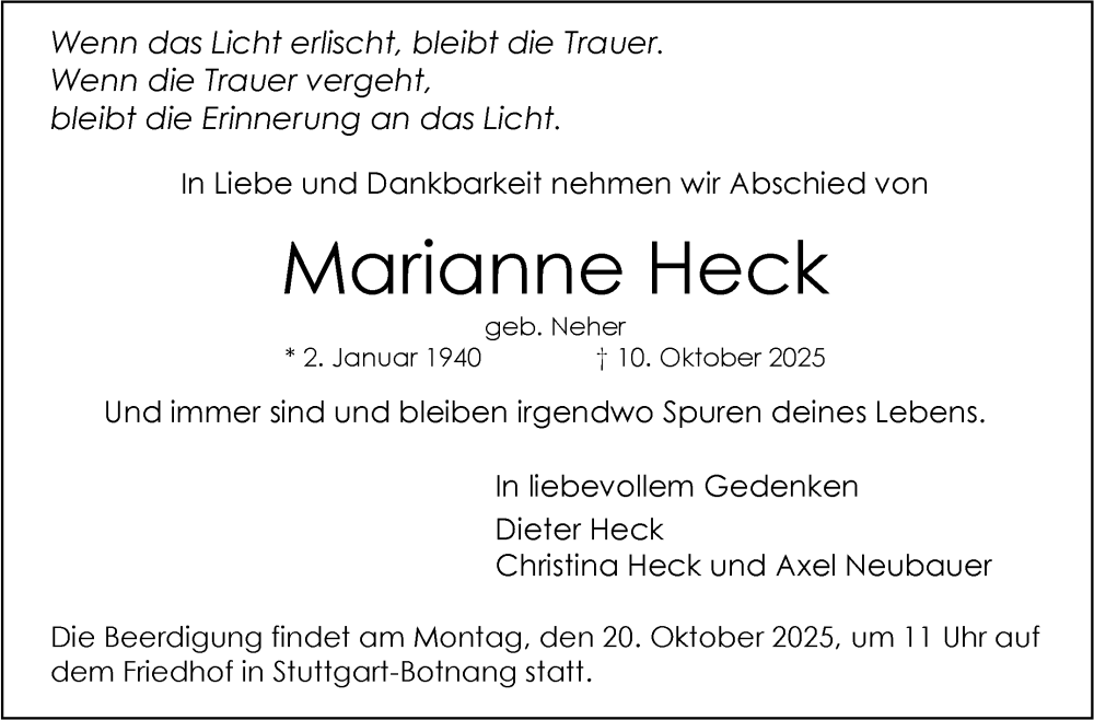  Traueranzeige für Marianne Heck vom 16.10.2025 aus Stuttgarter Zeitung / Stuttgarter Nachrichten