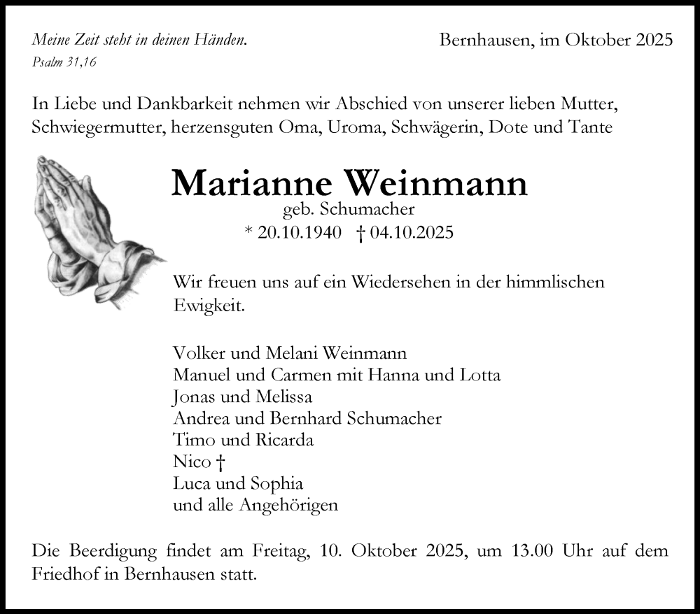  Traueranzeige für Marianne Weinmann vom 08.10.2025 aus Eßlinger Zeitung