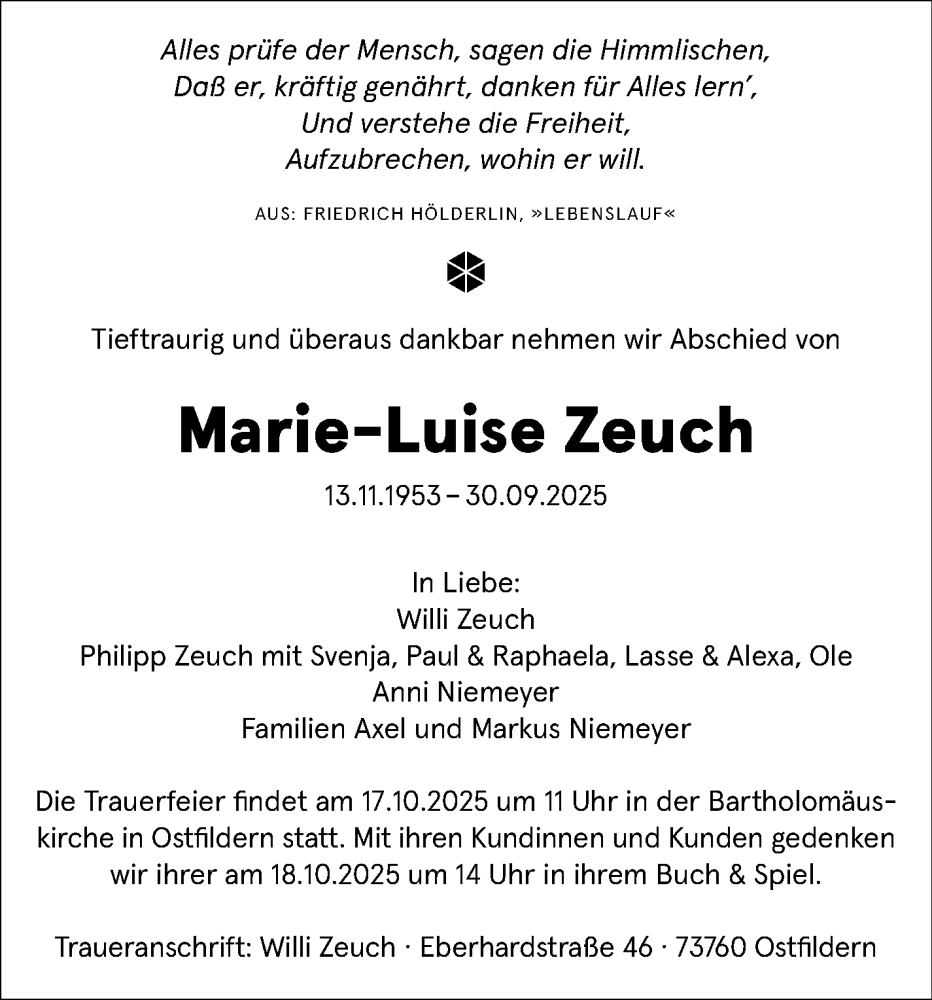  Traueranzeige für Marie-Luise Zeuch vom 11.10.2025 aus Stuttgarter Zeitung / Stuttgarter Nachrichten