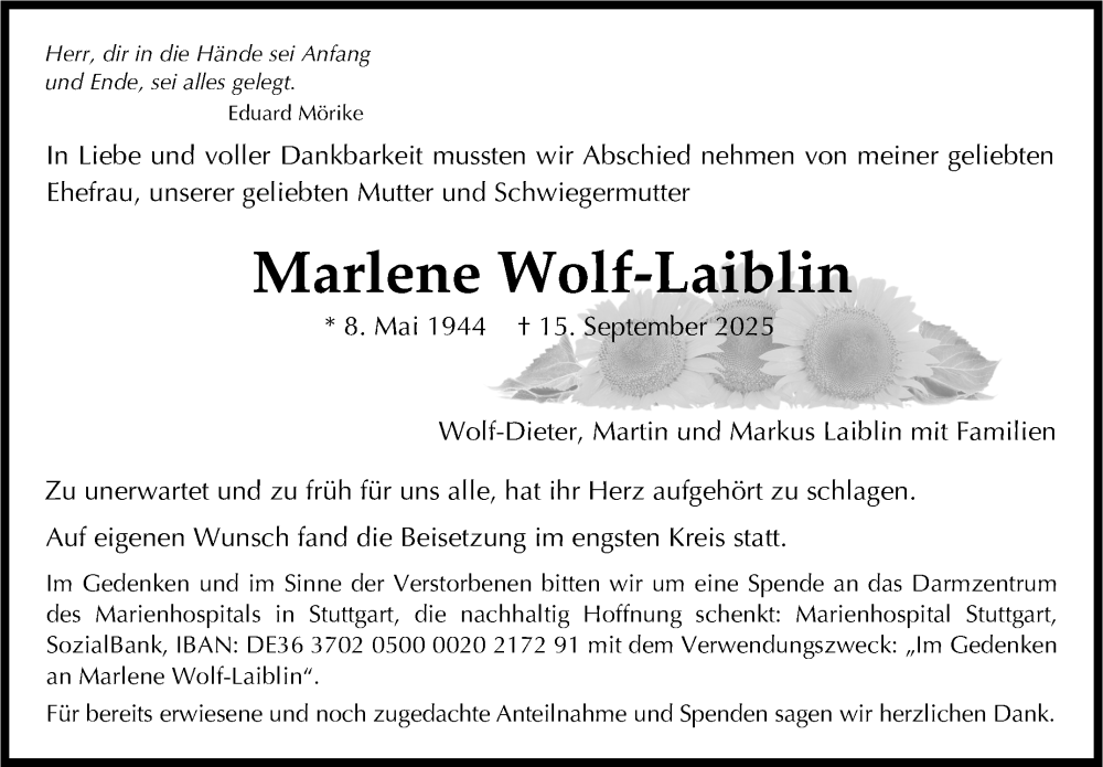  Traueranzeige für Marlene Wolf-Laiblin vom 07.10.2025 aus Stuttgarter Zeitung / Stuttgarter Nachrichten