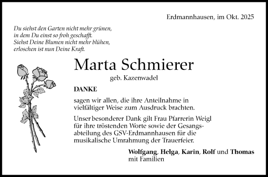 Traueranzeige von Marta Schmierer von Marbacher Zeitung