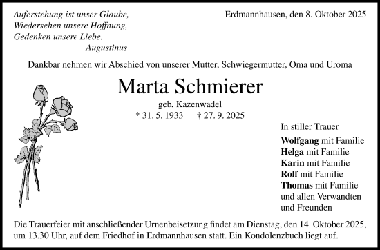 Traueranzeige von Marta Schmierer von Marbacher Zeitung