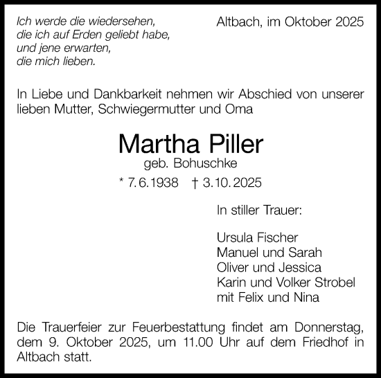 Traueranzeige von Martha Piller von Eßlinger Zeitung