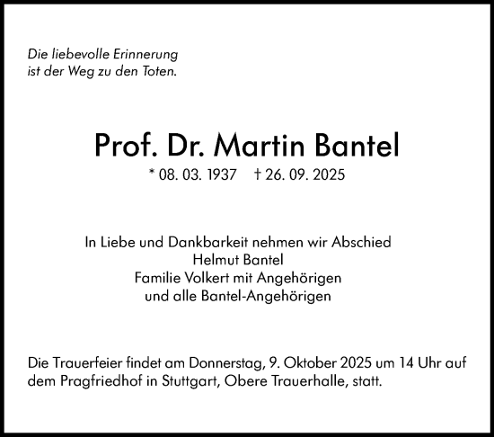 Traueranzeige von Martin Bantel von Stuttgarter Zeitung / Stuttgarter Nachrichten