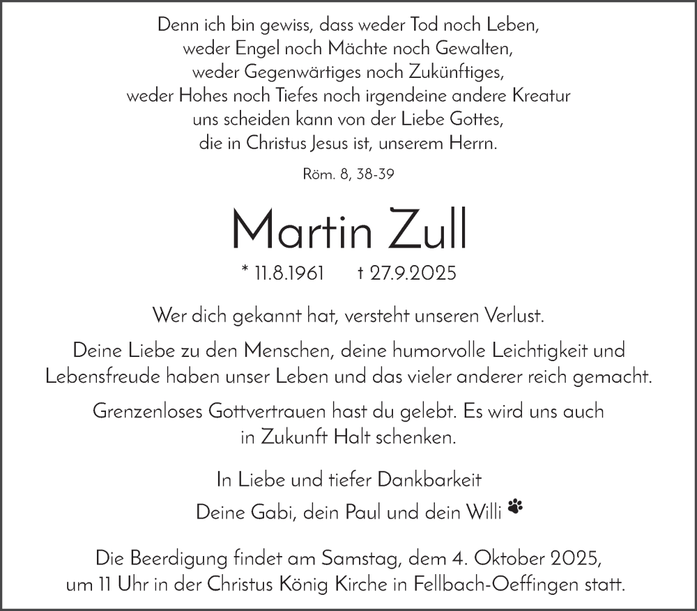  Traueranzeige für Martin Zull vom 02.10.2025 aus Stuttgarter Zeitung / Stuttgarter Nachrichten