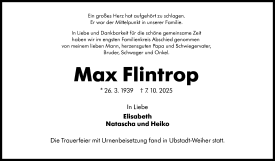 Traueranzeige von Max Flintrop von Marbacher Zeitung