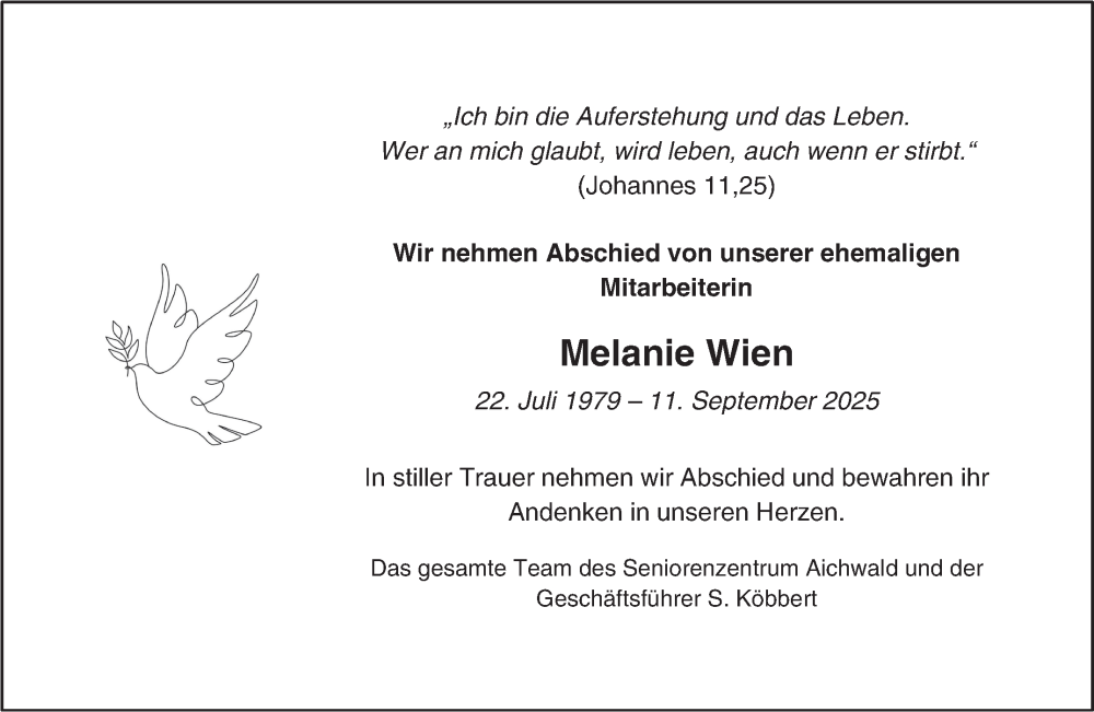  Traueranzeige für Melanie Wien vom 04.10.2025 aus Eßlinger Zeitung