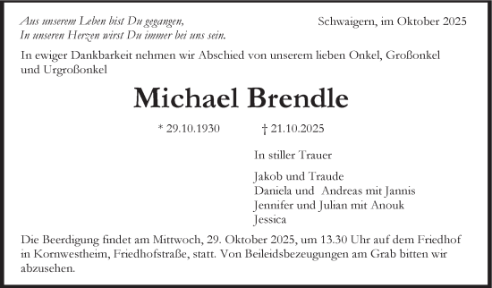 Traueranzeige von Michael Brendle von Marbacher Zeitung