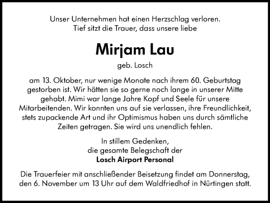 Traueranzeige von Mirjam Lau von Stuttgarter Zeitung / Stuttgarter Nachrichten