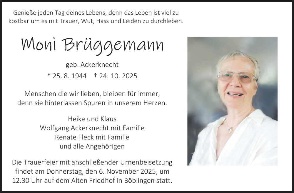  Traueranzeige für Moni Brüggemann vom 31.10.2025 aus Kreiszeitung Böblinger Bote