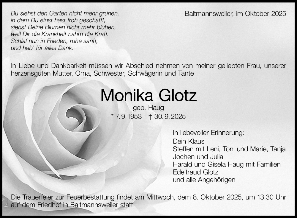  Traueranzeige für Monika Glotz vom 06.10.2025 aus Eßlinger Zeitung