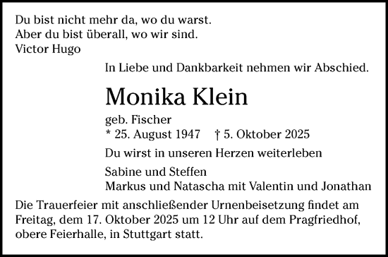 Traueranzeige von Monika Klein von Stuttgarter Zeitung / Stuttgarter Nachrichten