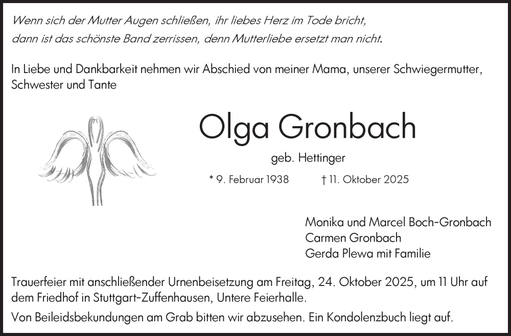  Traueranzeige für Olga Gronbach vom 18.10.2025 aus Stuttgarter Zeitung / Stuttgarter Nachrichten