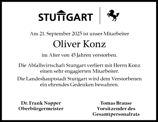 Traueranzeige von Oliver Konz von Stuttgarter Zeitung / Stuttgarter Nachrichten