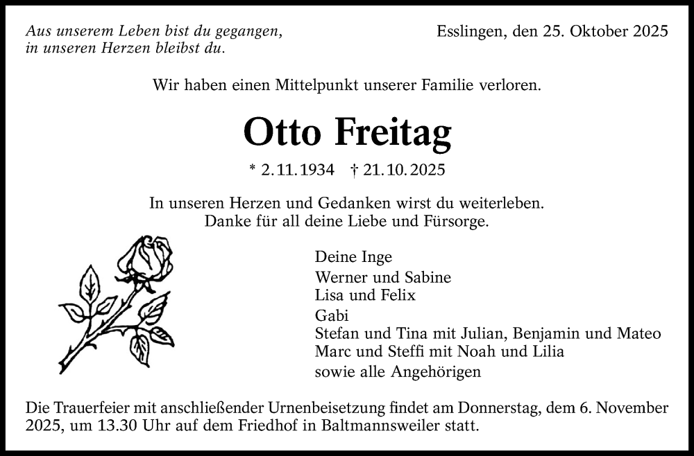  Traueranzeige für Otto Freitag vom 25.10.2025 aus Eßlinger Zeitung