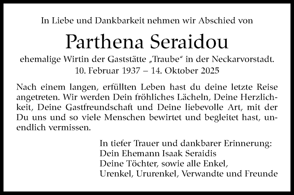  Traueranzeige für Parthena Seraidou vom 25.10.2025 aus Stuttgarter Zeitung / Stuttgarter Nachrichten