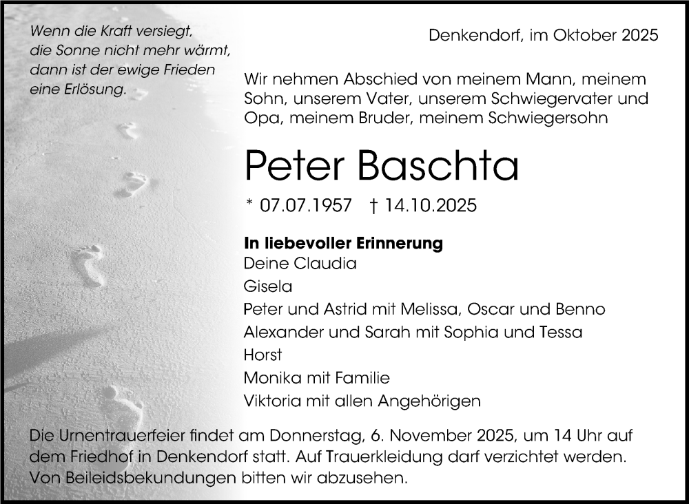  Traueranzeige für Peter Baschta vom 31.10.2025 aus Eßlinger Zeitung