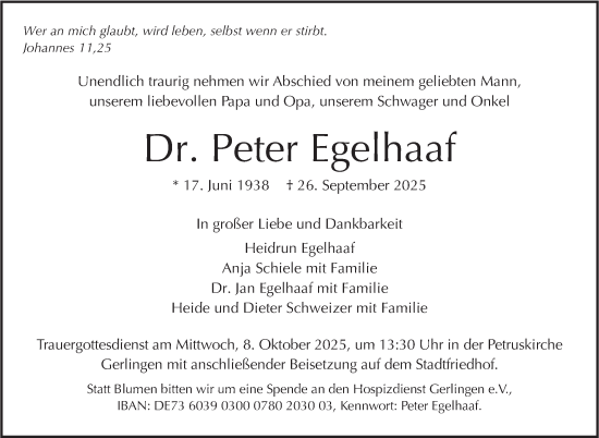 Traueranzeige von Peter Egelhaaf von Stuttgarter Zeitung / Stuttgarter Nachrichten