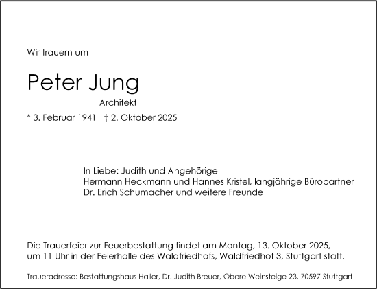 Traueranzeige von Peter Jung von Stuttgarter Zeitung / Stuttgarter Nachrichten