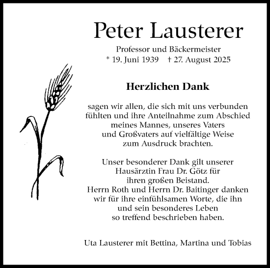 Traueranzeige von Peter Lausterer von Stuttgarter Zeitung / Stuttgarter Nachrichten