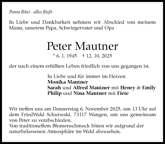 Traueranzeige von Peter Mautner von Stuttgarter Zeitung / Stuttgarter Nachrichten