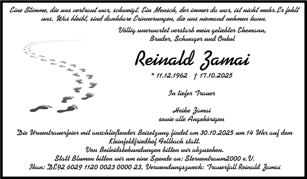  Traueranzeige für Reinald Zamai vom 24.10.2025 aus Stuttgarter Zeitung / Stuttgarter Nachrichten