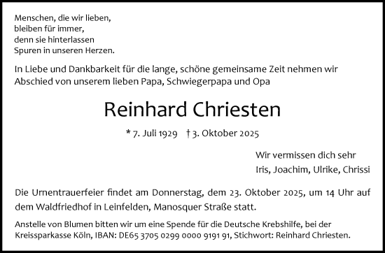 Traueranzeige von Reinhard Chriesten von Stuttgarter Zeitung / Stuttgarter Nachrichten