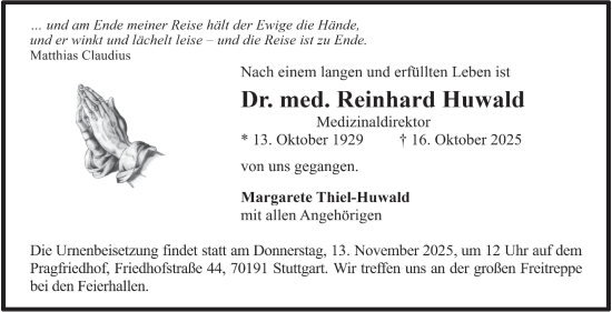 Traueranzeige von Reinhard Huwald von Stuttgarter Zeitung / Stuttgarter Nachrichten