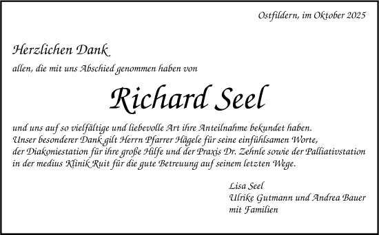 Traueranzeige von Richard Seel von Eßlinger Zeitung