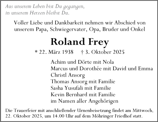 Traueranzeige von Roland Frey von Stuttgarter Zeitung / Stuttgarter Nachrichten