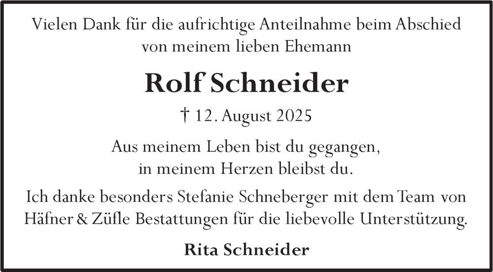  Traueranzeige für Rolf Schneider vom 16.10.2025 aus Stuttgarter Zeitung / Stuttgarter Nachrichten