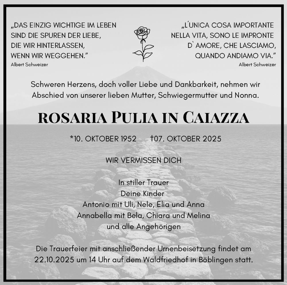  Traueranzeige für Rosaria Pulia Caiazza vom 18.10.2025 aus Kreiszeitung Böblinger Bote