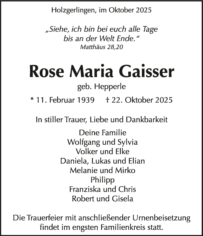  Traueranzeige für Rose Maria Gaisser vom 29.10.2025 aus Kreiszeitung Böblinger Bote