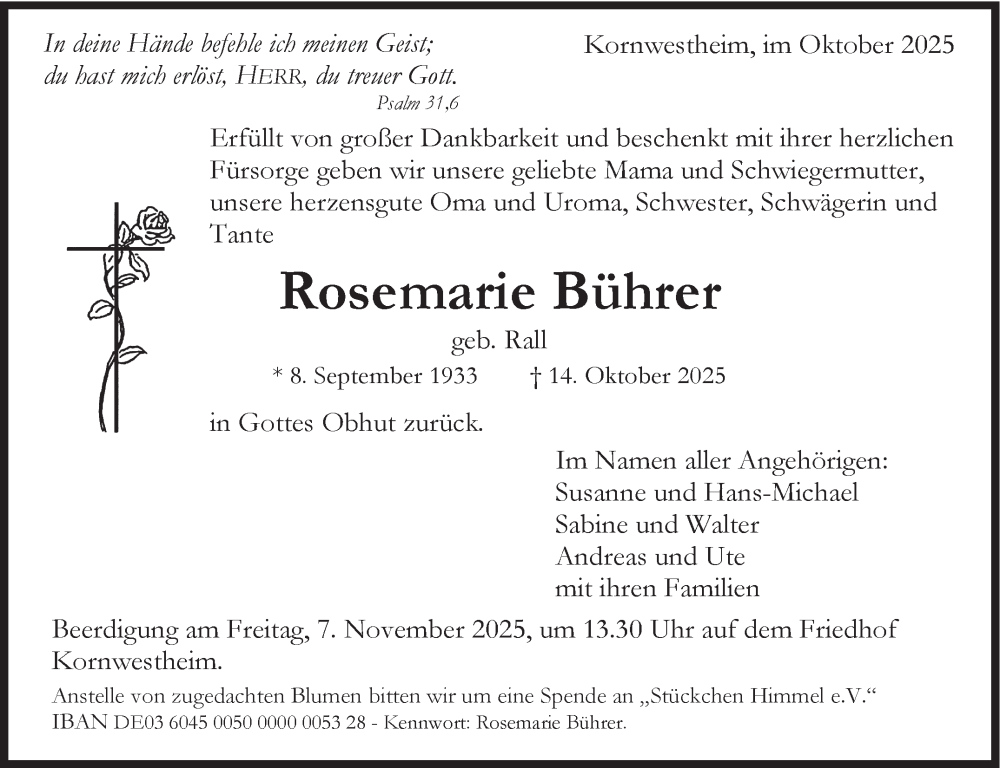  Traueranzeige für Rosemarie Bührer vom 22.10.2025 aus Marbacher Zeitung