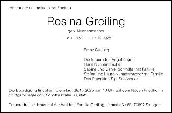 Traueranzeige von Rosina Greiling von Stuttgarter Zeitung / Stuttgarter Nachrichten