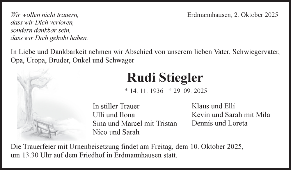  Traueranzeige für Rudi Stiegler vom 02.10.2025 aus Marbacher Zeitung